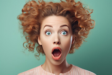 Portrait of shocked or surprised woman with curyl hair in front of green background