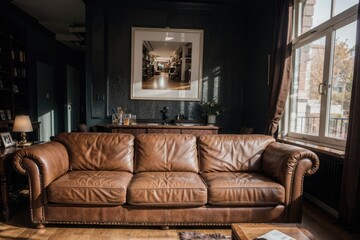 luxury livingroom interior design mockup with brown leather furniture and picture frame in a wall. 