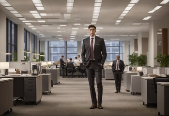 A bustling office scene comes to life in this stunning photograph, with a lone worker standing in the foreground. The bright lights illuminate the space, casting a warm glow on the worker.