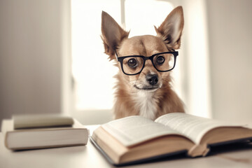 Small dog with reading glasses in front of open book