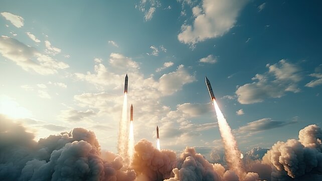 a military missile in flight against the sky. warhead or atomic bomb, chemical weapons, rocket launch.