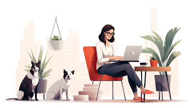 A successful businesswoman works from home, seated on a stylish couch with her dog, in a modern, minimalist living room.