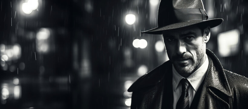 Film noir movie, portrait of 40s detective standing in the rain. With copy space. 