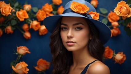 Abstract contemporary art collage, portrait of young woman wearing a navy blue hat with orange roses on it, frame template with copy space, side profile photo