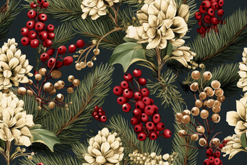 Seamless pattern, Christmas decor on black background with red berries green fir, dark gray and light beige, luxurious fabrics, hand-painted details