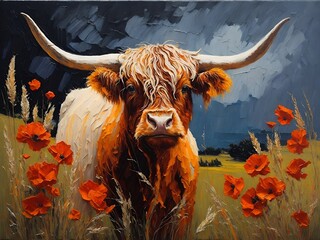 Highland cow in the wheat field with poppies, Impasto oil painting - obrazy, fototapety, plakaty