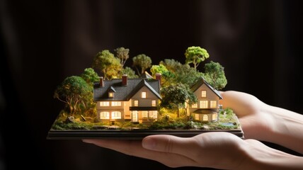 a hand holding a small model house with prominent solar panels installed on its roof, highlighting the role of renewable energy in eco-friendly living.