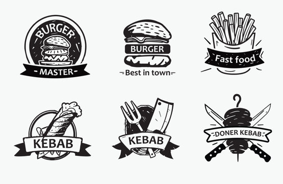 Collection of logos for fast food and Shawarma restaurants and markets. Doner kebab logo template, burger logo, French fries logo, white background. EPS10 vector illustration.