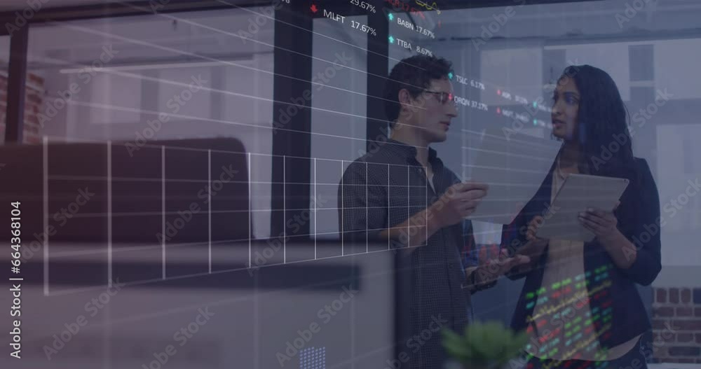 Poster Animation of multiple graphs and trading boards over diverse coworkers discussing reports