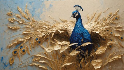 peacock in the wheat field,  Impasto oil painting