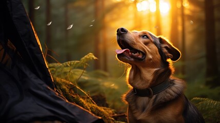 A joyful dog enjoys the sound of birds while camping.