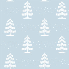 Obraz premium Christmas tree seamless pattern. Winter forest in snow Noel print, New year holidays decoration, blue background with fir tree, wallpaper, wrapping paper design, decor, gift wrap.