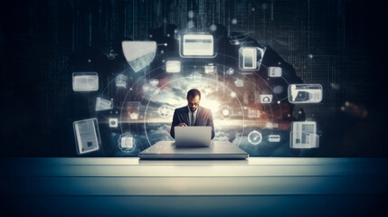 Open space office interior blurred with information technology overlay - Internet of things concept - Model by AI generative