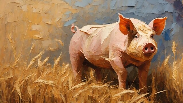 pig in the wheat field,  Impasto oil painting