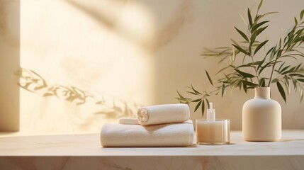 Original spa product presentation template. Pedestal of green-leaved branches and marble slabs set against a bathroom wall made of light beige-colored masonry.