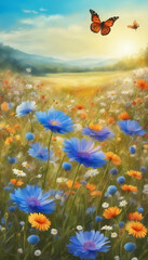 Flowers paintings painting impressionism paint landscape flower meadow oil. Generative AI.