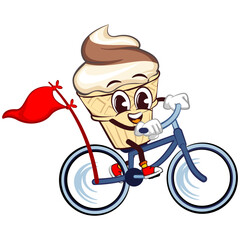 character mascot of ice cream cone with funny face cycling cheerfully, isolated cartoon vector illustration. emoticon, cute ice cream cone mascot