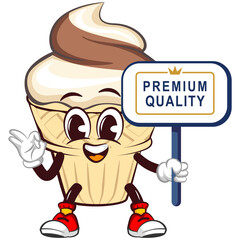 Mascot character of an ice cream cone with a funny face giving a okay sign next to a sign saying premium quality, isolated cartoon vector illustration. emoticon, cute ice cream cone mascot