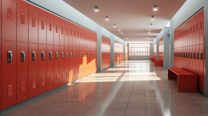Long school corridor with lockers and rest zone.