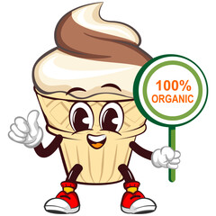 Mascot character of an ice cream cone with a funny face giving a thumbs up sign next to a sign saying 100 percent ogranic, isolated cartoon vector illustration. emoticon, cute ice cream cone mascot