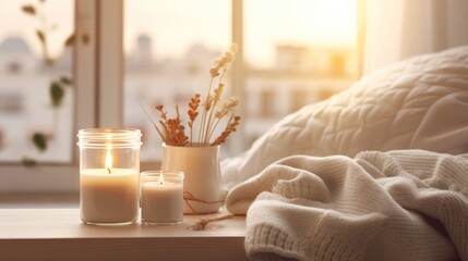 Hygge warmth portrayed by a white sweater and candles on a windowsill. - obrazy, fototapety, plakaty
