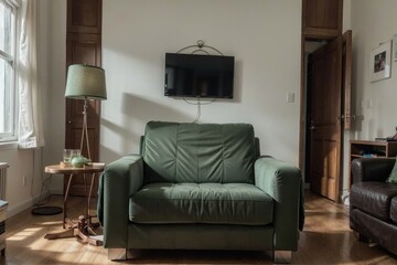 Modern living room design with green textile furniture and picture frame mock up on a wall