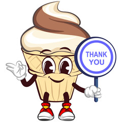 Mascot character of an ice cream cone with a funny face giving a okay sign next to a sign saying thank you, isolated cartoon vector illustration. emoticon, cute ice cream cone mascot