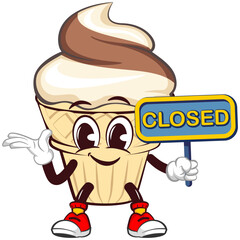 Mascot character of an ice cream cone with a funny face giving a a sign saying closed, isolated cartoon vector illustration. emoticon, cute ice cream cone mascot