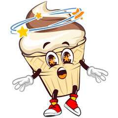 character mascot of ice cream cone with funny drunk and dizzy face, isolated cartoon vector illustration. emoticon, cute ice cream cone mascot