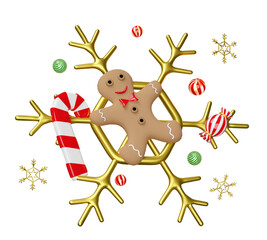 Gingerbread man with candy cane, snowflake, decorative ball. merry christmas and happy new year, 3d render illustration