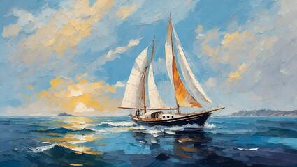 sailing ship on the sea, Impasto oil painting - obrazy, fototapety, plakaty