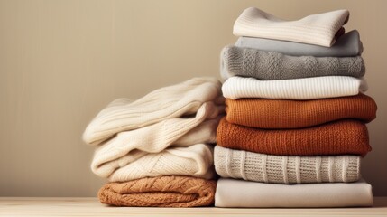 Obraz na płótnie Canvas Cozy knitwear carefully arranged in stacks on a wooden shelf with a beige background.