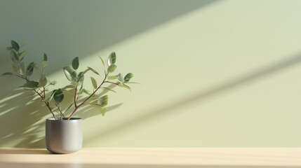 Simple background image perspective of a room corner with delicate soft pistachio-colored shadows cast from various angles. Corner of the picture contains a branch with new green leaves.