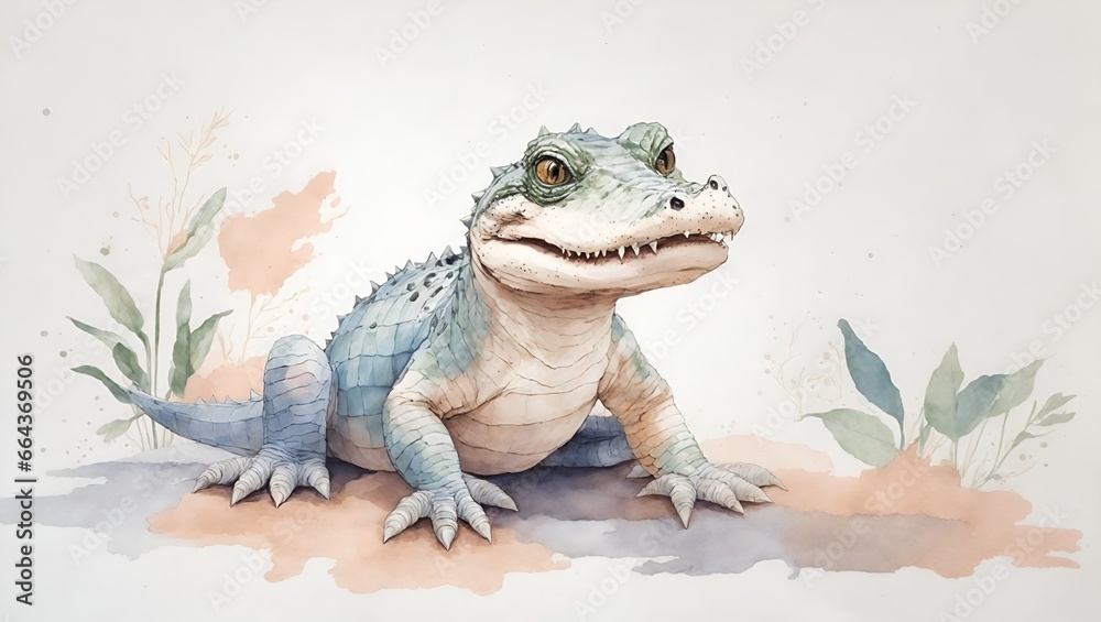 Wall mural baby crocodile. kids room wallpaper with baby animals in pastel colors. nursery wall mural, very min