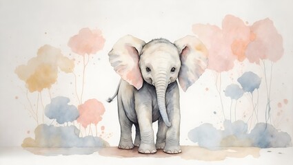 Baby elephant. Kids room wallpaper with baby animals in pastel colors. Nursery wall mural, very minimalistic drawing, white wall