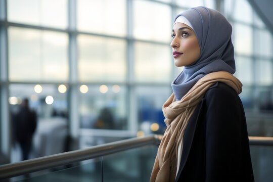 Portrait of a beautiful muslim woman wearing hijab at the airport