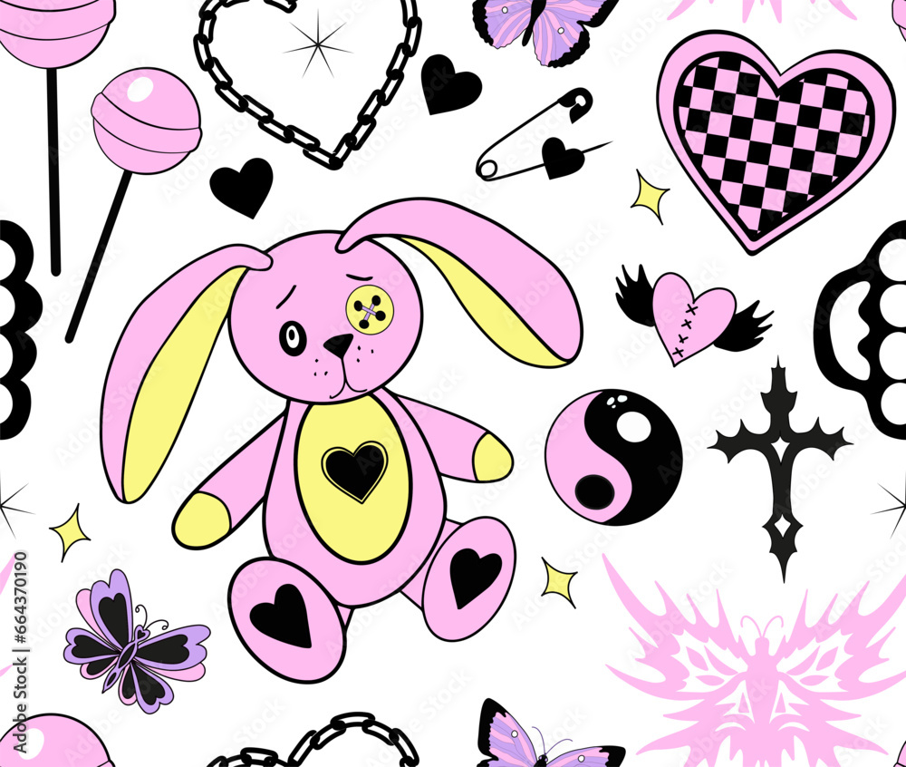 Wall mural Y2k emo girl glamour pink seamless pattern. Backgrounds in trendy 2000s emo kawaii style. Gothic texture 90s, 00s aesthetic. Vector illustration