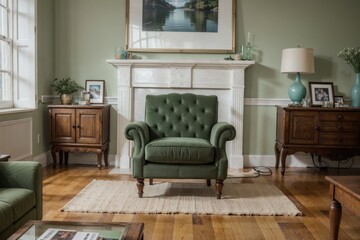 Modern living room design with green textile furniture and picture frame mock up on a wall