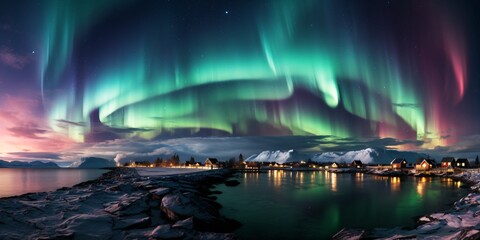 impressive and spectacular nordic landscape with aurora borealis - obrazy, fototapety, plakaty