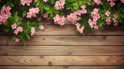 Template of a light hardwood background with a top view of a decorative flowering plant surrounding it in green. Old-looking wooden plank boards with pink flowering plant leaves and copy space.