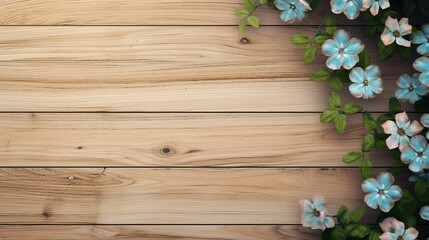 Obraz na płótnie Canvas Template of a light hardwood background with a top view of a decorative flowering plant surrounding it in green. Old-looking wooden plank boards with a plant's leaves and blue blooms, with copy space.