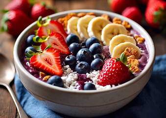 Acai bowl with smoothie and ripe banana with various healthy berries on table.Macro.AI Generative