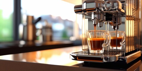 Fototapeta na wymiar Espresso machine pouring coffee into glass cup in cafeteria.AI Generative
