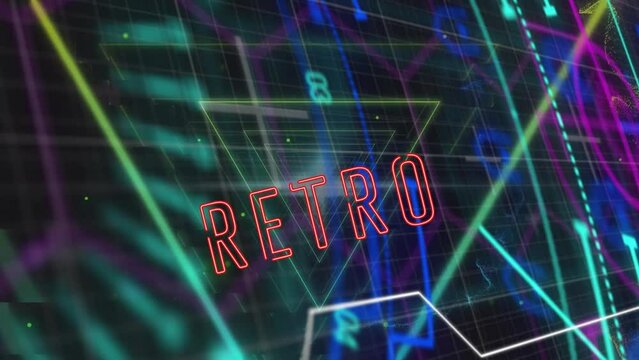 Animation of retro text banner over round scanners and neon triangular tunnel in seamless pattern