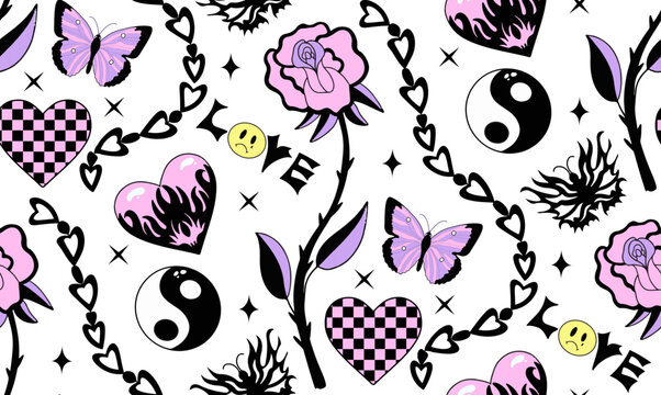 Y2k emo girl glamour pink seamless pattern. Backgrounds in trendy 2000s emo kawaii style. Gothic texture 90s, 00s aesthetic. Vector illustration