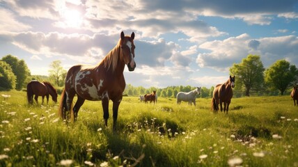 a horse herd leisurely grazing in a sunlit summer pasture. - obrazy, fototapety, plakaty