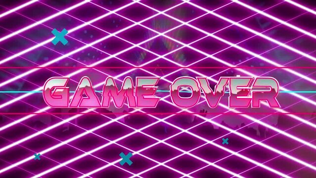 Animation of game over text banner over silhouette of people dancing against neon triangular shape