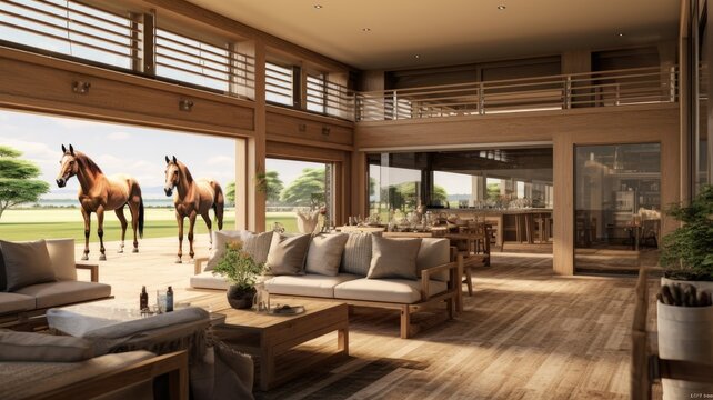 the sleek and stylish design of a horse stable within a contemporary equestrian center.