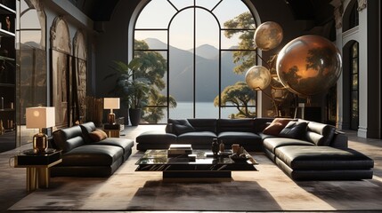 Hollywood glam style interior design of a modern living room with black sofas and golden accent tables