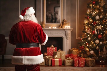 Santa Clause in a cozy house, leaving Christmas presents under the Christmas tree. Generative Ai - obrazy, fototapety, plakaty